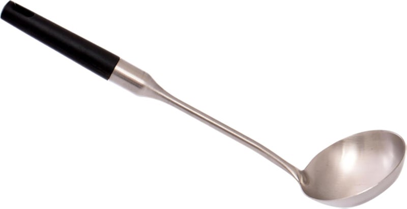 Professional Stainless Steel Serving Ladle with Black Handle, Long Kitchen Spoon